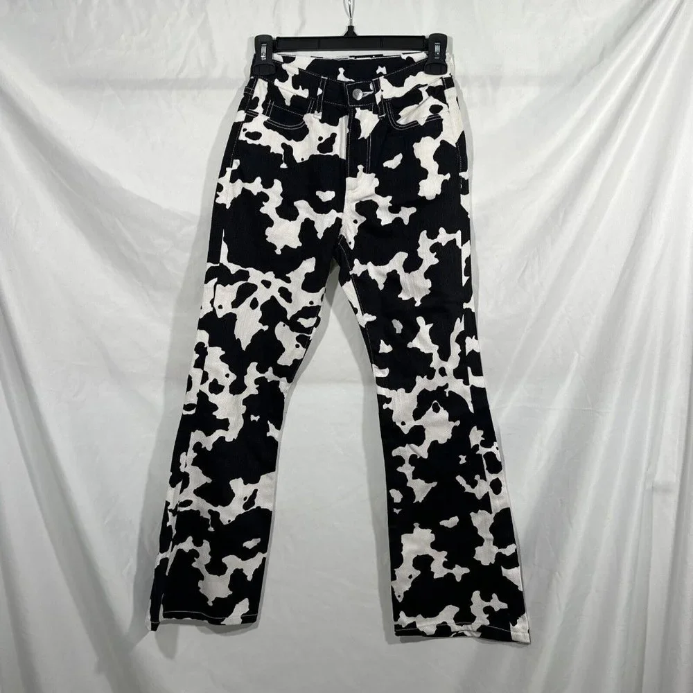 NEW $395 SIMON MILLER [ 24 ] Bell Bottom Jeans In Black White Cow‎ Print #Q375